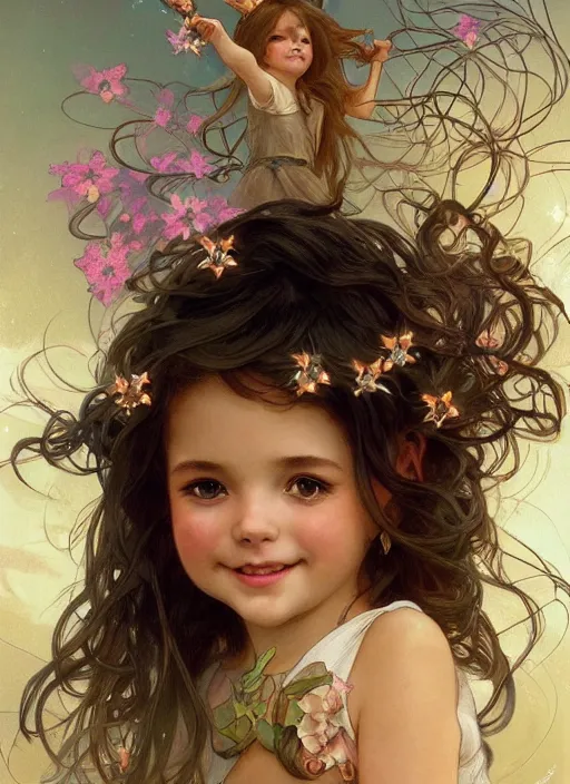 Prompt: A cute little girl with shoulder length curly brown hair with a happy expression wearing a summer dress dancing with fireflies, she is in the distance. beautiful fantasy art by By Artgerm and Greg Rutkowski and Alphonse Mucha, trending on artstation.