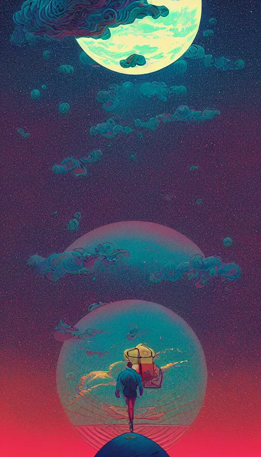 Prompt: sturgeon moon floating on cosmic cloudscape at sunset, futurism, dan mumford, victo ngai, kilian eng, da vinci, josan gonzalez