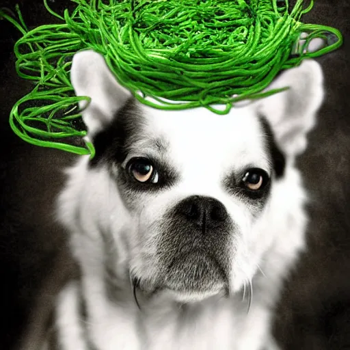 Image similar to green spaghetti dog cat hybrid photograph