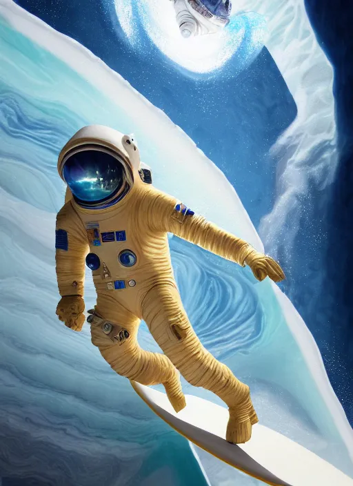 Image similar to an amazing digital painting of an astronaut in a white and royal blue luxurious space suit surfing an interstellar tsunami on a futuristic surfboard at Pamukkale, thermal waters flowing down multiversal gold travertine terraces by greg rutkowski, photorealistic, trending on artstation, highly detailed, unreal engine, octane render