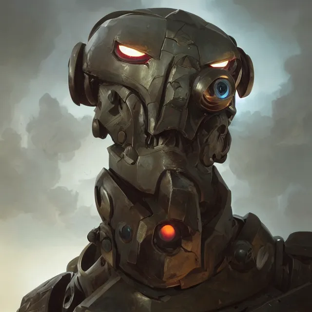Image similar to hyper realistic bust of warhammer robot cinematic, artstation, cgsociety, greg rutkowski, james gurney, mignola, craig mullins, brom