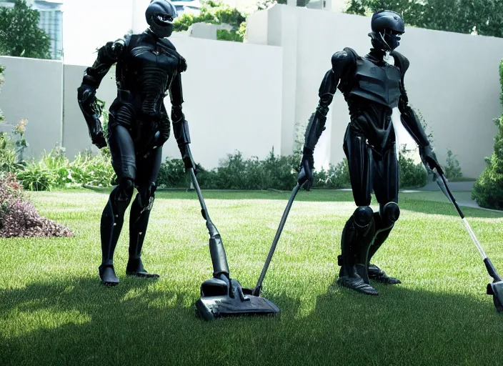 Image similar to film still of Willem Dafoe mowing a lawn in the new Robocop movie, 4k