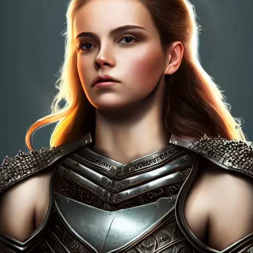 Prompt: a full body portrait of a young beautiful lady wearing armour, highly detailed, cinematic lighting, hyperrealistic, 4 k, digital art