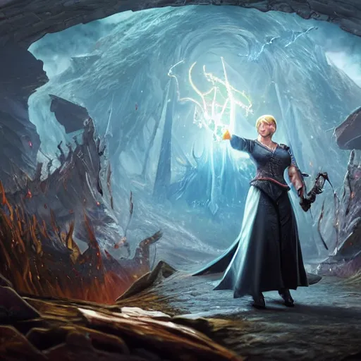 Prompt: Angela Merkel casting epic spell, magic the gathering artwork, D&D, fantasy, cinematic lighting, centered, symmetrical, highly detailed, digital painting, artstation, concept art, smooth, sharp focus, illustration, volumetric lighting, epic Composition, 8k, art by Akihiko Yoshida and Greg Rutkowski and Craig Mullins, heroic pose, oil painting, cgsociety, magic lab background