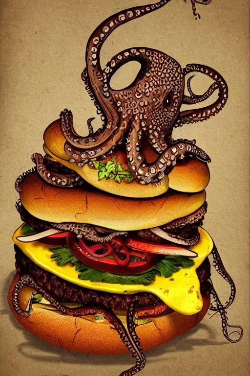 Prompt: fine art illustration of a an octopus inside a cheeseburger, poster, highly detailed, 8 k, vintage, trending on artstation