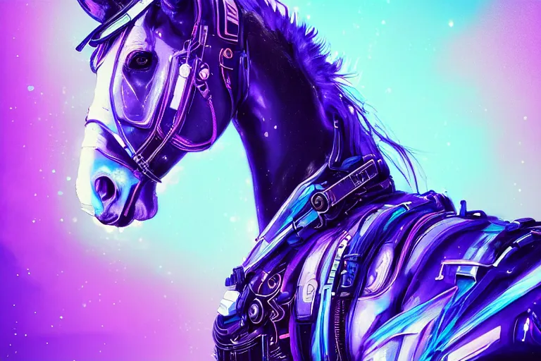 Image similar to a beautiful portrait of a cute cyberpunk horse with bioluminescent mane by sandra chevrier and greg rutkowski and wlop, purple blue color scheme, vaporware, retro, outrun, high key lighting, volumetric light, digital art, highly detailed, fine detail, intricate, ornate, complex, octane render, unreal engine, photorealistic