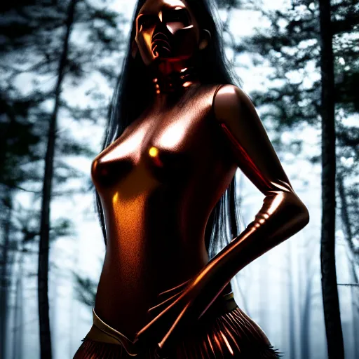 Image similar to highly detailed, ultra realistic, cinematic, woman full body with a copper nose and copper claws, high detail, 8 k, sharp focus, movie still, dramatic lighting, ray tracing, smooth, a female evil demonic character of kazakh mythology, jeztyrnak, standing in the night forrest