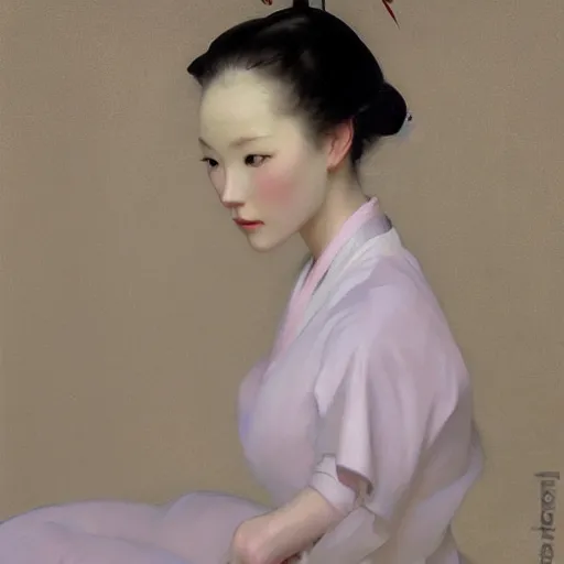 Image similar to yanjun cheng portrait of a beautiful geisha android by norman rockwell, bouguereau