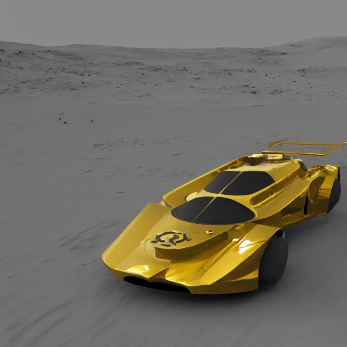 Prompt: a 3 d render of a golden glass racecar on the moon, 8 k, realistic, dynamic, artstation, digital art