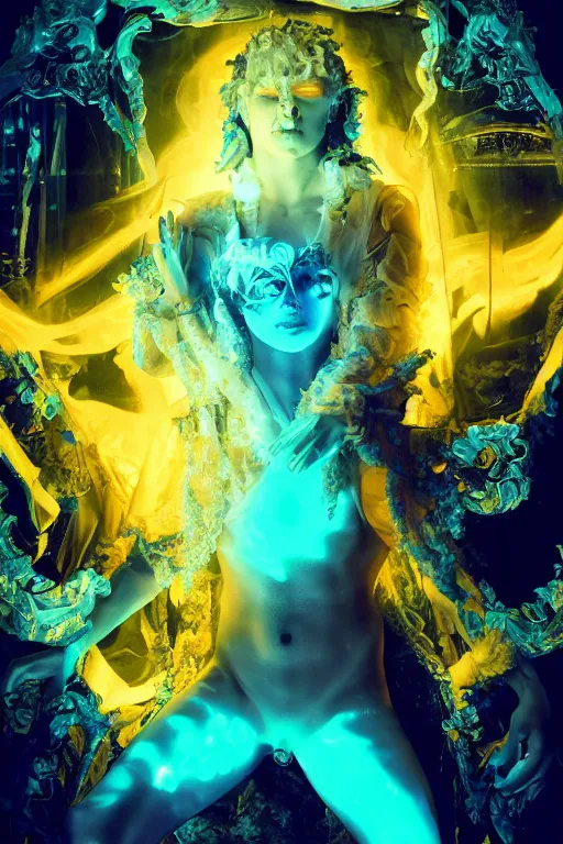 Image similar to photo of fullbody rococo and cyberpunk delicate neon crystalline sculpture of seductive muscular onyx albino marble prince joe jonas teal iridescent humanoid deity wearing yellow plastic hooded cloak holding an onyx skull in a onyx space dungeon, reclining, glowing yellow face, crown of white diamonds, cinematic lighting, photorealistic, octane render 8 k depth of field 3 d