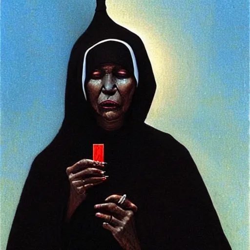 Image similar to a black nun wearing shiny jewelry, she's smoking a cigar and puffing smoke, by Beksinski