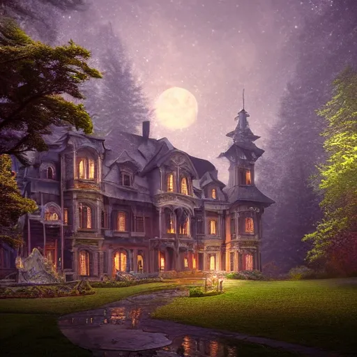 Prompt: large haunted mansion in the mountain side, thomas kinkade style, cinematic, octane render, art station, dramatic lighting, beautiful moonlight night, concept art, rococo, photorealistic, intense detail, 8 k