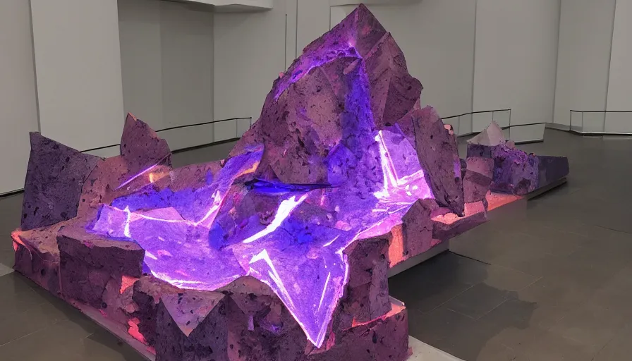 Prompt: geometric statue!!!, purple shattered paint!, hot glowing lava!!!!, (((conglomerate!, slush)), abstract!, museum display! 4k!, award-winning photo!!!!