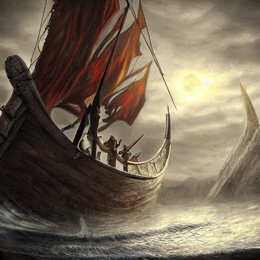 Image similar to viking ship, centered in picture, daytime, epic fantasy, detailed, intricate, digital painting, concept art, realistic, smooth, focus, rim light