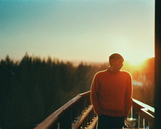 Image similar to lomographic tarkovsky film still of 4 0 years russian man with beard and sweater standing on small hrushevka 9 th floor balcony in taiga looking at sunset, perfect faces, cinestill, bokeh