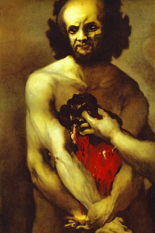 Image similar to francisco goya painting of an evil jesus christ holding corncopia with blood pouring, ominous, unsettling, visible paint strokes, hd image, visible paint texture