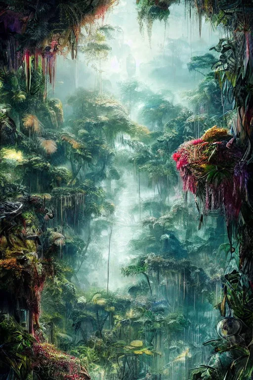 Prompt: the beauty of the jungle painted by mahmoud farshchian, mia brownell, very detailed, maximalism, ambient occlusion, volumetric light, atmospheric haze, hyper realism, cyberpunk shading, cinematic composition, realistic render, photorealistic, wide shot