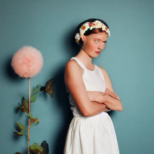 Prompt: a photograph of beautiful nordic woman wearing a white folkdrakt dress, she has a summer flower headband. against a teal studio backdrop. strong kodak portra 4 0 0 film look. film grain.