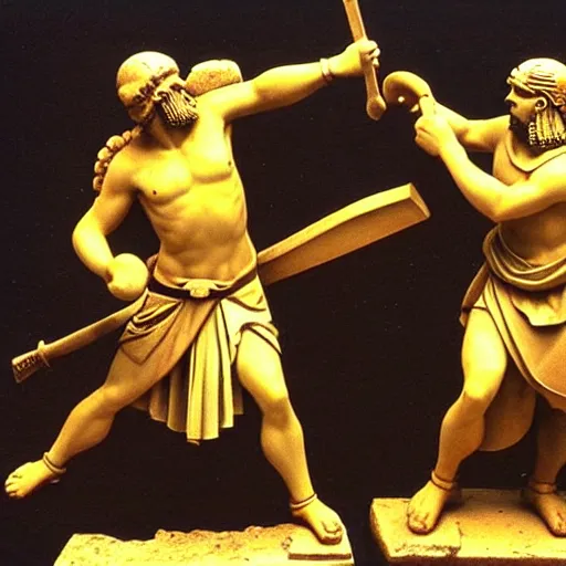 Prompt: greek warriors fighting, against ducks!!!, ancient greek statue, epic, detailled