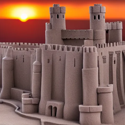 Prompt: full - size tower of london sandcastle, tiltshift, uniformed guards patrol, sunset