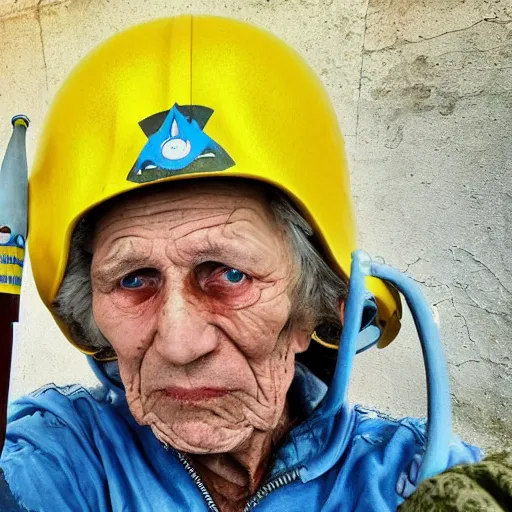 Image similar to selfie of the last surviving ukrainian with children with evil faces, all in helmets with weapons, wild pain and damage to the body burns alive to the bone, painted in dirty yellow - blue colors, a huge nuclear explosion is approaching in the background, a very detailed photo