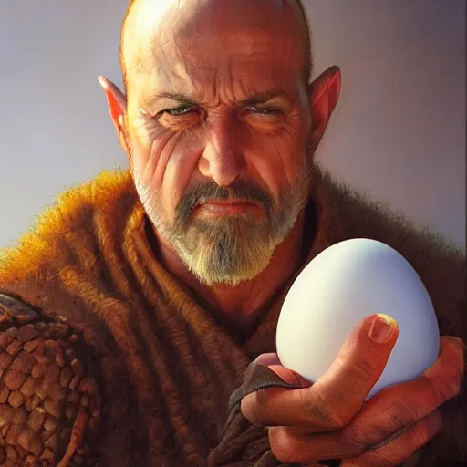 Image similar to The man with an egg for a head portrait art by Donato Giancola and Bayard Wu, digital art, trending on artstation, 4k