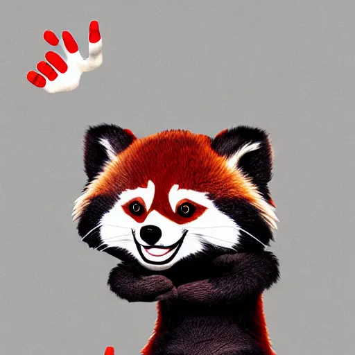 Prompt: friendly cartoon red panda waving hand, game art, arstation