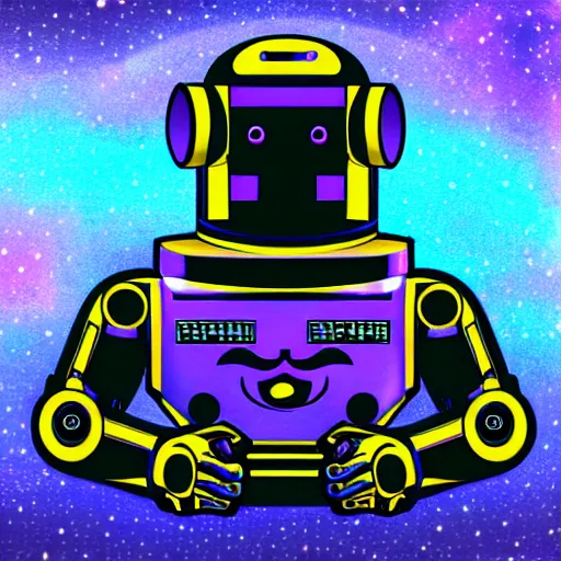 Image similar to robot with moustache, violet light, starry background