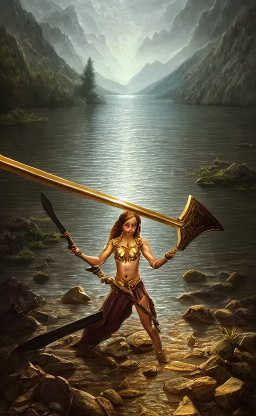 Image similar to lake godness holding gold axe and sliver axe, highly detailed, d & d, water everwhere fantasy, highly detailed, digital painting, trending on artstation, concept art, sharp focus, global illumination, ray tracing, illustration, art by artgerm and greg rutkowski and fuji choko and viktoria gavrilenko and hoang lap