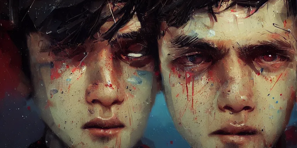 Image similar to extreme closeup on the beautiful eyes of a neon guard boy with short dark hair in front of a crowd with piles of garbage by Ismail inceoglu dragan bibin hans thoma, Perfect face, fine details, realistic shaded, fine-face, pretty face