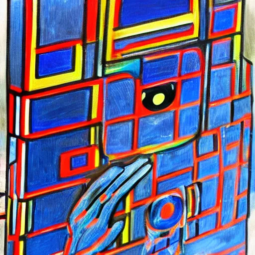 Prompt: painting of friendly alien creature in the style of piet mondrian