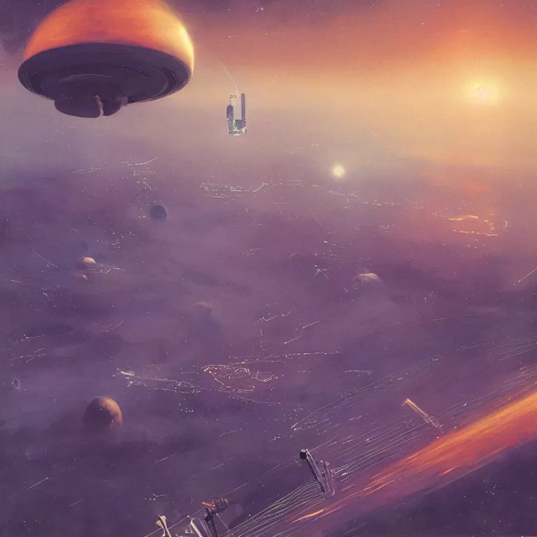 Prompt: “long umbrella space stations above a wispy hazy cloudy atmosphere of the planet Venus against a dark starry sky, space elevator, radio antenna, sci-fi concept art, by John Harris, by John Berkey, 8k beautiful image, highly detailed painting”