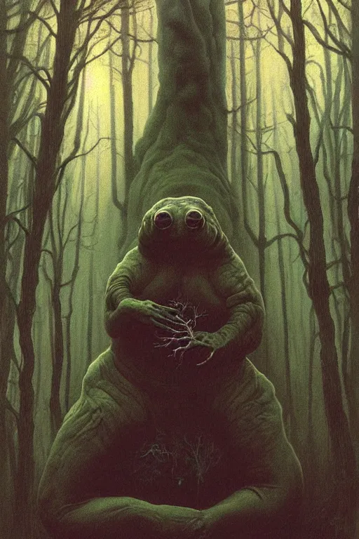 Image similar to painting of eldritch giant tardigrades striking a terrifying pose, scene inside forest, by zdzislaw beksinski, by dariusz zawadzki, by wayne barlowe, gothic, surrealism, cosmic horror, lovecraftian, cold hue's, warm tone gradient background, concept art, beautiful composition