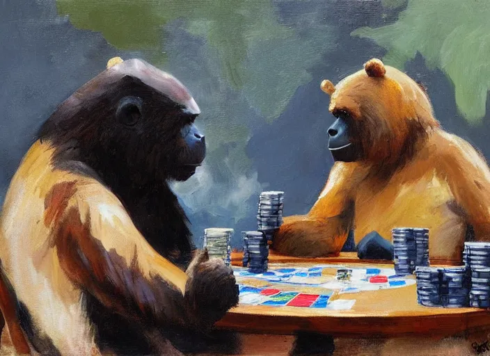 Prompt: gorrila with a bear, playing poker, bear!!, highly detailed beautiful, by gregory manchess, james gurney, james jean