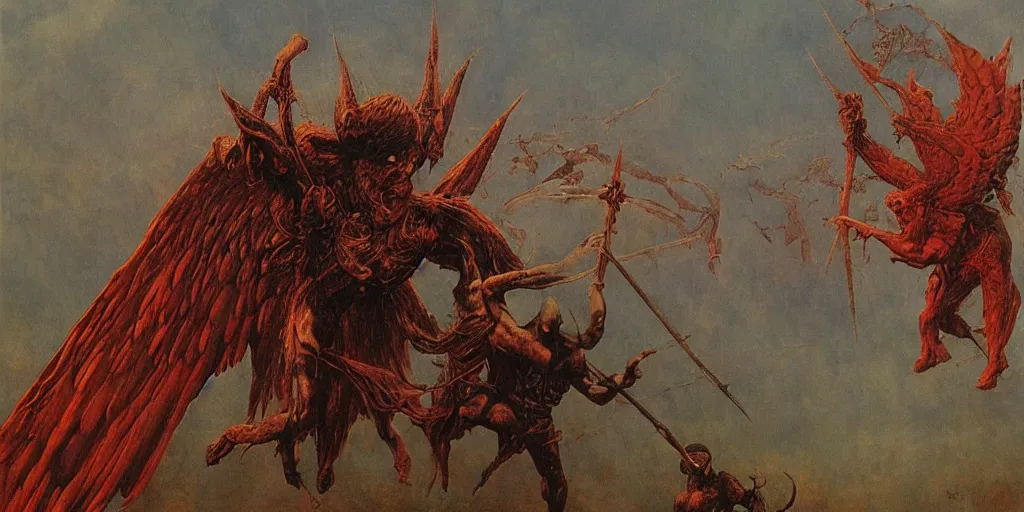 Prompt: satan fights against an archangel with large wings, beksinski, dariusz zawadzki