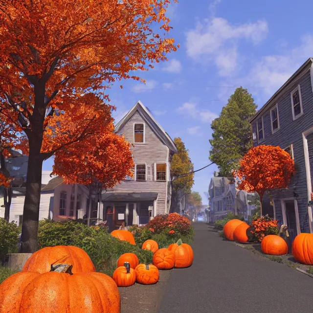 Prompt: small new england colonial city street with shops and pumpkins, maple trees with fall foliage, volumetric, realistic, cinematic lighting, ray tracing, unreal engine 5, octane render, hyper realistic, photo, 8 k