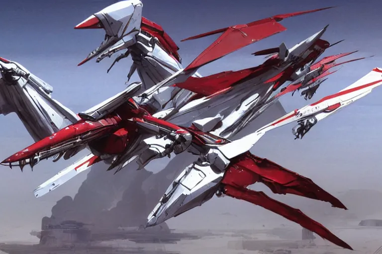 Image similar to a pteranodon mecha interceptor, white john berkey armor panels, wine-red and grey trim, robotech styling, with white Kanji markings outlined in black, boeing concept art painting, cinematic lighting, amazing lifelike cinematic photo render