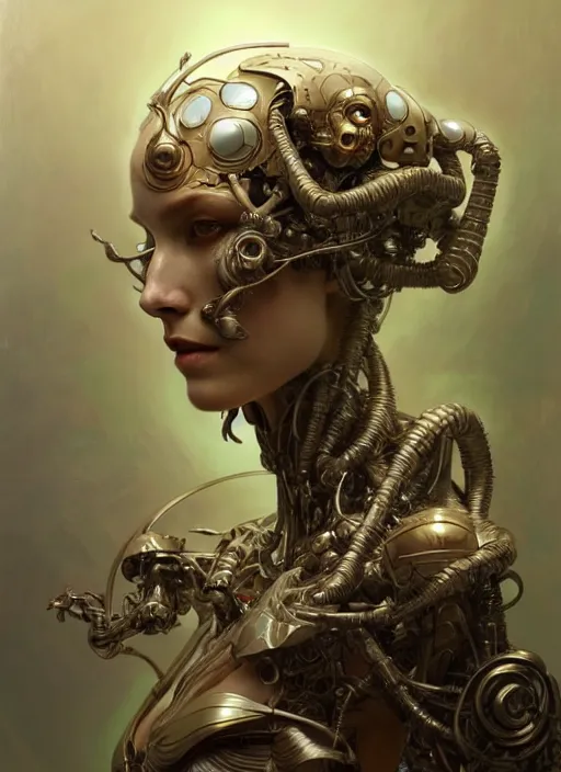 Image similar to ancient organic cyborg, diffuse lighting, fantasy, intricate, elegant, highly detailed, lifelike, photorealistic, digital painting, artstation, illustration, concept art, smooth, sharp focus, art by John Collier and Albert Aublet and Krenz Cushart and Artem Demura and Alphonse Mucha