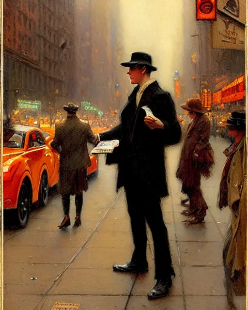 Image similar to attractive man handing out flyers to a broadway show, 1 9 2 0 s new york city, broadway, melancholy, nostalgia, painting by gaston bussiere, craig mullins, j. c. leyendecker