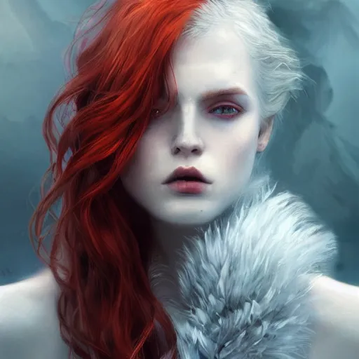 Image similar to a portrait of a ice queen with long dark curly red hair, stoic, pale skin, alone, white eyes, dramatic, epic painting, painting by wlop, nixeu and sakimichan, cgsociety, roses, wolf, crows beautiful, artbreeder, artstation, octane render, sharpness, 8 k, golden ratio