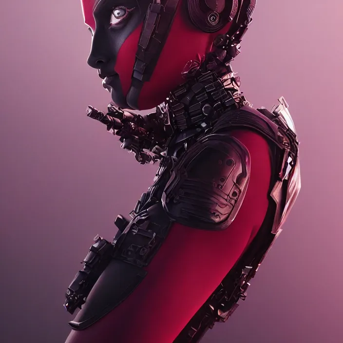 Image similar to charlize theron as lady deadpool. intricate abstract. intricate artwork. by tooth wu, wlop, beeple, dan mumford. octane render, trending on artstation, greg rutkowski very coherent symmetrical artwork. cinematic, hyper realism, high detail, octane render, 8 k, iridescent accents