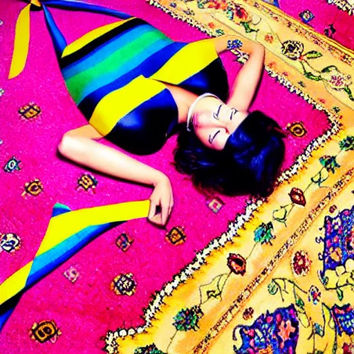 Image similar to a beautiful fashion model laying on a colorful ( ( ( persian rug ) ) ), ( ( ( ( ( wearing a lot of different colorful ties on her body ) ) ) ) )!!!!!. surreal photograph, toiletpaper magazine, 3 5 mm photograph, colourful, by pierpaolo ferrari, maurizio cattelan