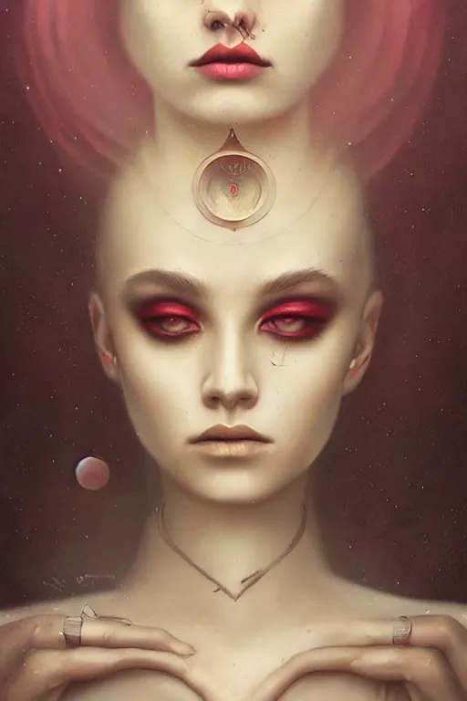 Image similar to a woman with a third eye, painting by tom bagshaw