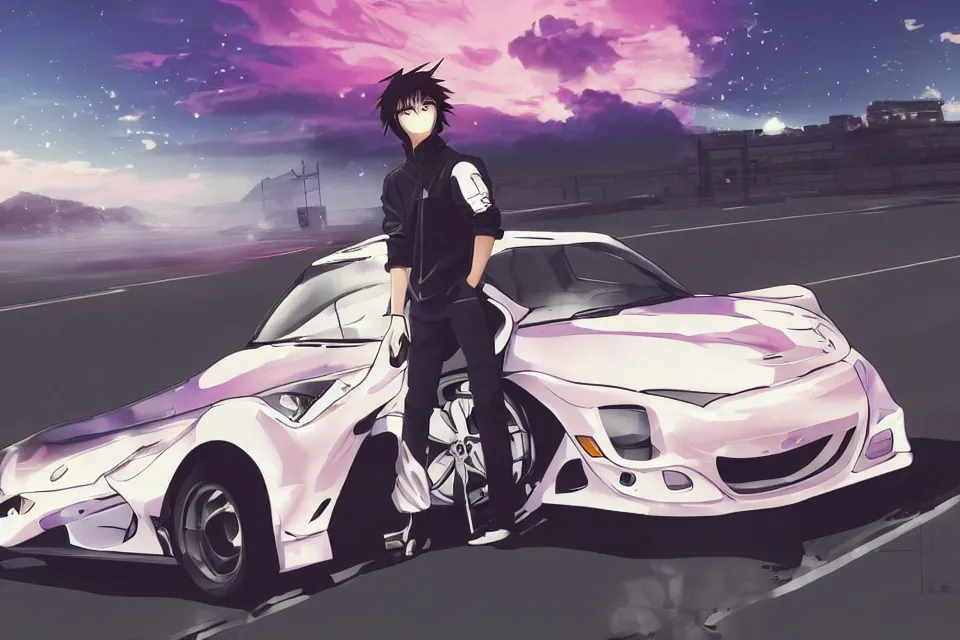 Prompt: aesthetic illustration of ryosuke takahashi with black hair, standing by his white glossy mazda rx 7 on an empty highway at sunrise, cinematic lighting, initial d anime 1 0 8 0 p, detailed anime face, high detail, 9 0 s anime aesthetic, volumetric lights, rule of thirds, unreal engine 5 render, pinterest wallpaper, trending on artstation