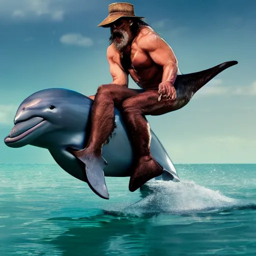 Image similar to film still of randy savage riding dolphin, splash art, detailed face, photorealistic facial features, cinematic lighting, dramatic, octane render, long lens, shallow depth of field, bokeh, anamorphic lens flare, hyper detailed, 3 5 mm film grain