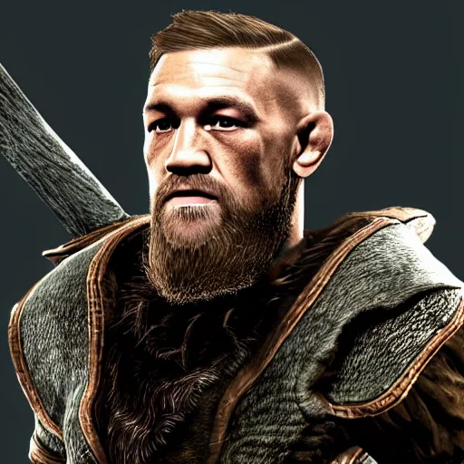 Image similar to character screenshot of conor mcgregor in skyrim, elf armor, ps 3 graphics, npc talking, wilderness, 1 0 8 0 p, bokeh, elder scrolls v, detailed, dialog text