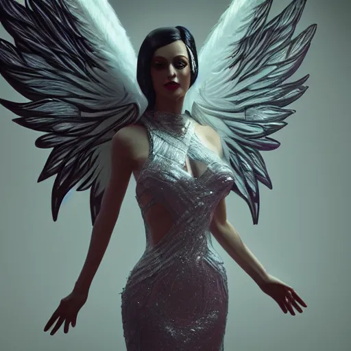 Image similar to fantasy angel with wings inspired avant - garde art, deco fashion, highly detailed, photorealistic portrait, bright studio setting, studio lighting, crisp quality and light reflections, unreal engine 5 quality render