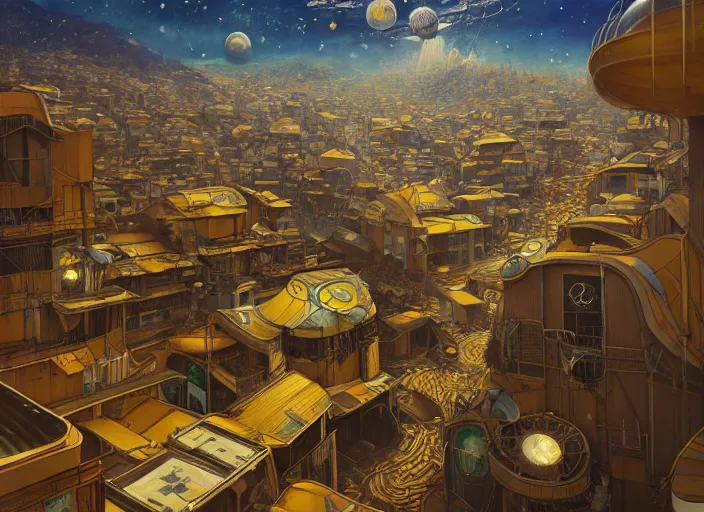 Image similar to art nouveau favela, outer space environment, scenery, professional, award - winning, trending on artstation, hyper detailed, realistic, beautiful, emotional, shiny, golden, picture