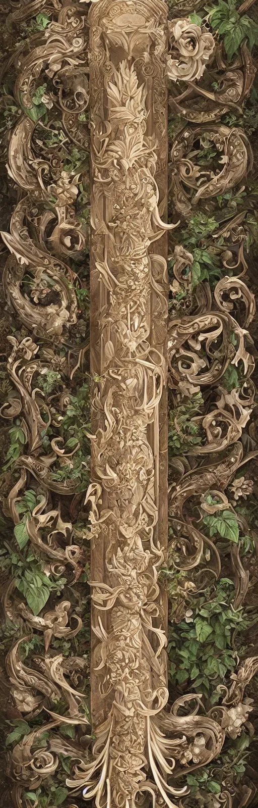 Prompt: beautiful fantasy!!!! giant sword!!!! carved with decorative ornament, acanthus scrolls, lilies, ivy, energy, geometry, bones, petals, stems, ceremonial clouds, dripping paint, fibonacci rhythm, artstation, artgerm, wlop, symmetric ornaments