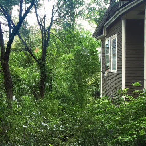 Image similar to poor neighborhood, overgrown, photo taken from a porch